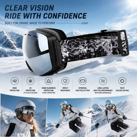Practical Mountaineering Ski Goggles, Black Frame, Mercury Lens + Striped Black White Strap In Australia - Darrahopens