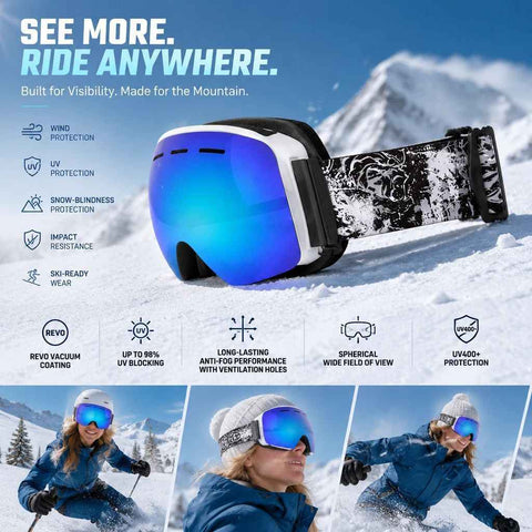 Sentimental Spherical Ski Goggles UV400, White Frame, Blue Lens + Striped Black White Strap In Australia - Darrahopens