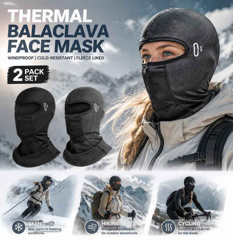 Thermal Ski Balaclava With Glass Holes, Black & Grey Long, One Size, 2 Pcs