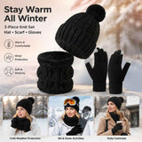 Thoughtful Ski Trip Gift Fleece Lined Thick Knit Hat 3 Pack Black, Warm Cold Weather Outdoor Snow Accessory