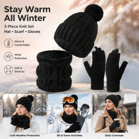 Thoughtful Ski Trip Gift Fleece Lined Thick Knit Hat 3 Pack Black, Warm Cold Weather Outdoor Snow Accessory