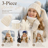 Lovely Winter Ski Present Insulated Knitted Hat 3 Piece Set White, Cosy Matching Outfit For Mountain Snow Trips In Australia - Darrahopens