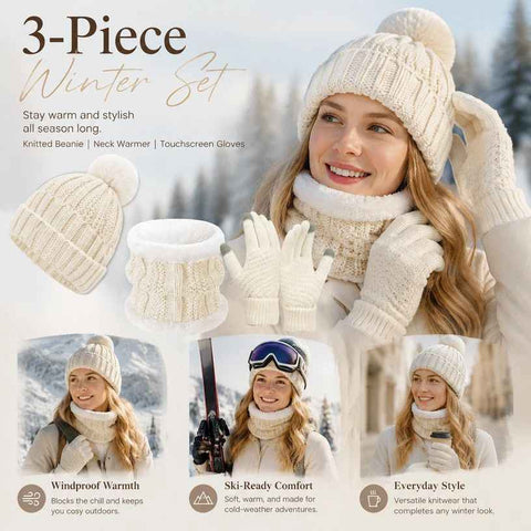 Lovely Winter Ski Present Insulated Knitted Hat 3 Piece Set White, Cosy Matching Outfit For Mountain Snow Trips In Australia - Darrahopens
