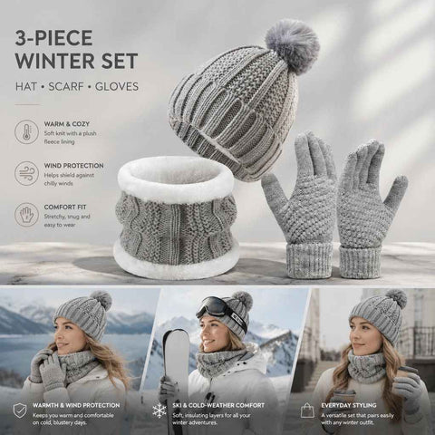 Practical Snow Gear Gift Thick Fleece Knit Hat 3 Pack Light Grey, Ideal For Skiing & Outdoor Cold Days