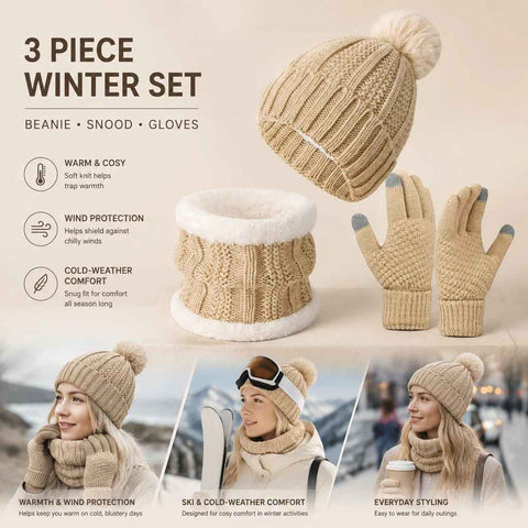Warm Holiday Ski Essential Plush Lined Knitted Hat 3 Set Beige, Versatile Matching Wear For Ski Adventures