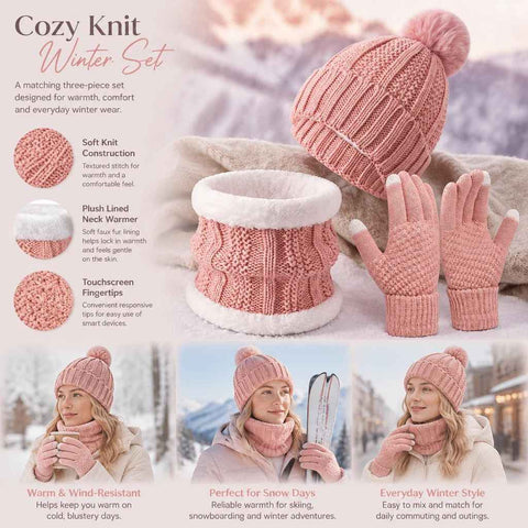 Sweet Ski Outing Gift Thick Warm Knit Hat 3 Pack Pink, Great Camping & Snowfield Daily Matching Accessory In Australia - Darrahopens