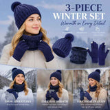 Premium Ski Travel Gift Fleece Lined Knit Hat 3 Set Navy, Snug Cold Weather Gear For Ski Mountain Trips In Australia - Darrahopens