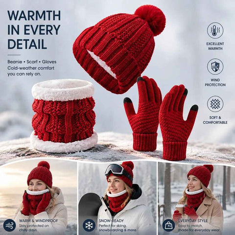 Heartfelt Snow Trip Companion Thick Knitted Hat 3 Pack Bright Red, Multi-Scene Ski Outdoor Matching Wear In Australia - Darrahopens
