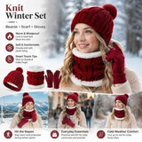 Cosy Winter Ski Surprise Plush Lined Knit Hat 3 Set Burgundy, Thermal Accessory For All Ski Activities In Australia - Darrahopens