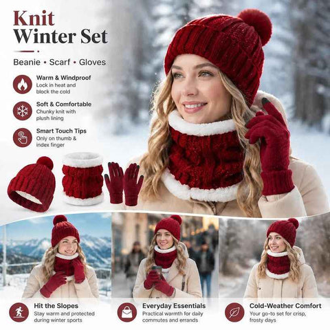 Cosy Winter Ski Surprise Plush Lined Knit Hat 3 Set Burgundy, Thermal Accessory For All Ski Activities In Australia - Darrahopens