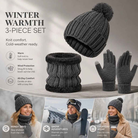 Reliable Cold Ski Present Insulated Thick Knit Hat 3 Pack Dark Grey, Warm Matching Set For Ski Holidays In Australia - Darrahopens