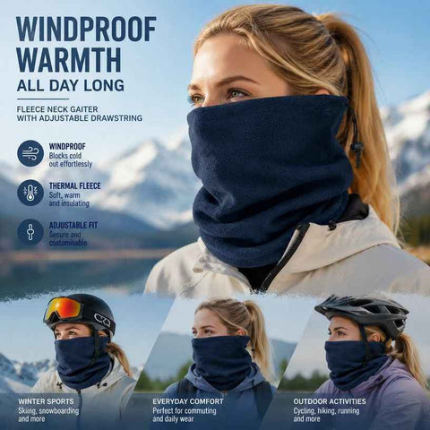 Cozy Snow Trip Essential Fleece Lined Drawstring Neck Gaiter, Navy, Wind Block Neck Protector In Australia - Darrahopens