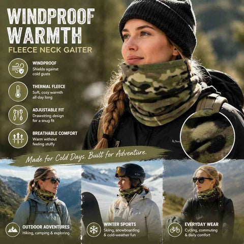 Warm Holiday Outdoor Companion Fleece Drawstring Neck Gaiter, Camo Army Green, Cold Weather Wear