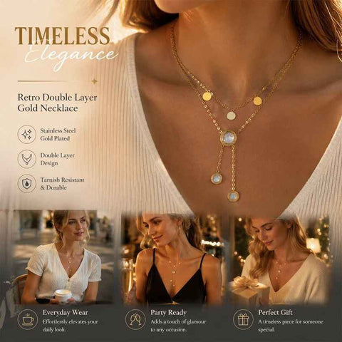 Neat Retro Dual Layer Chain Necklace, Simple Quiet Luxury Gold Coated Stainless Steel Matching Jewellery In Australia - Darrahopens