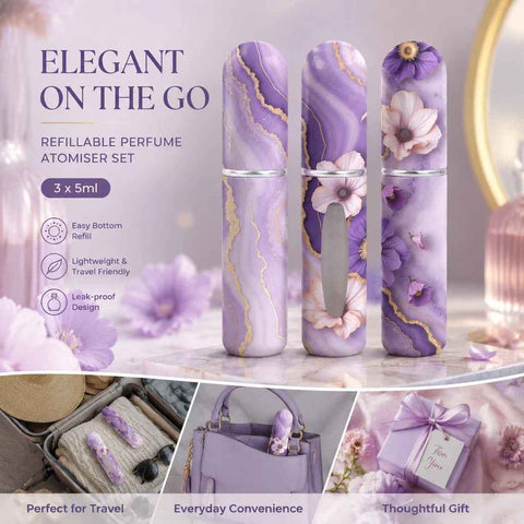 Stylish Floral Print 5ml Refillable Perfume Atomiser, Bottom Filling Travel Scent Bottles 3 Pack, Purple Floral In Australia - Darrahopens