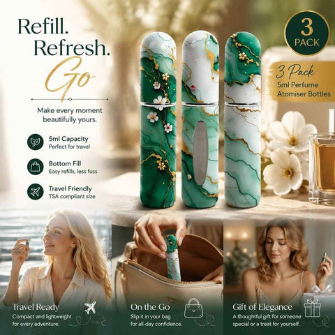 Fresh Floral Printed 5ml Travel Perfume Bottle, Easy Bottom Refill Pocket Scent Atomiser 3 Pack, Green Floral In Australia - Darrahopens