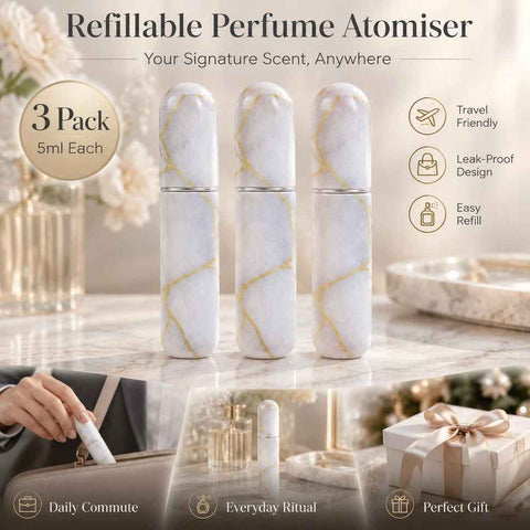 Clean White Marble Texture 5ml Portable Mini Fragrance Bottle, Bottom Refill Compact Holiday Perfume Container 3 Pack, Marble White In Australia - Darrahopens