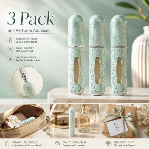 Fresh Mint Crackle Print 5ml Travel Refillable Perfume Vial, Bottom Fill Pocket Mini Fragrance Atomiser 3 Pack, Mint Green Crackle In Australia - Darrahopens