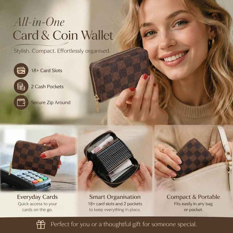 Big Storage Grid Print Card Purse, All-Round Daily Wallet For Documents Cards Coins, Nice Festival Gift, Brown Grid, 18 Card Slots & 2 Coin Pockets In Australia - Darrahopens