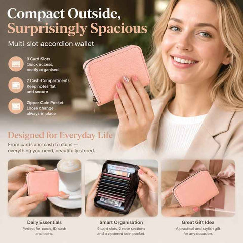 Convenient Compact Accordion Wallet, Casual Daily Sleeve For Driver Licence Small Coins, Sweet Practical Present, Pink Litchi Grain, 9 Card Slots & 2 Coin Pockets In Australia - Darrahopens