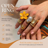 Artistic Liquid Lava Floral Ring Stack, Baroque Faux Pearl Gemstone Inlaid Finger Jewellery, Light Gold & Yellow Floral, 6 Pack
