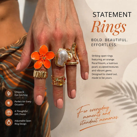 Creative Veined Lava Flower Ring Combo, Ins Style Baroque Pearl Rhinestone Finger Rings, Light Gold & Orange Floral, 6 Pack In Australia - Darrahopens