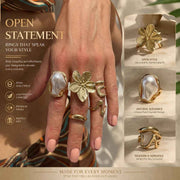 Eye-Catching Layered Floral Lava Ring Stack, Elegant Baroque Pearl Rhinestone Finger Ornaments, Light Gold, 5 Pack In Australia - Darrahopens