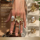 Eye-Catching Layered Floral Lava Ring Stack, Elegant Baroque Pearl Rhinestone Finger Ornaments, Light Gold, 5 Pack In Australia - Darrahopens