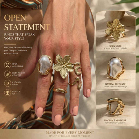 Eye-Catching Layered Floral Lava Ring Stack, Elegant Baroque Pearl Rhinestone Finger Ornaments, Light Gold, 5 Pack In Australia - Darrahopens
