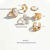 Eye-Catching Layered Floral Lava Ring Stack, Elegant Baroque Pearl Rhinestone Finger Ornaments, Light Gold, 5 Pack In Australia - Darrahopens