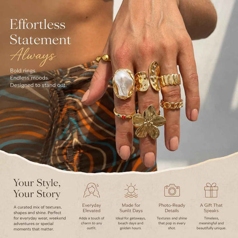 Modern Multi-Piece Floral Ring Collection, Luxe Pearl & Crystal Inlaid Stackable Finger Jewellery, Light Gold, 7 Pack In Australia - Darrahopens