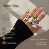 Sleek Mixed Metal Lava Flower Ring Set, Classic Baroque Faux Gem & Pearl Stackable Bands, Light Silver, 6 Pack