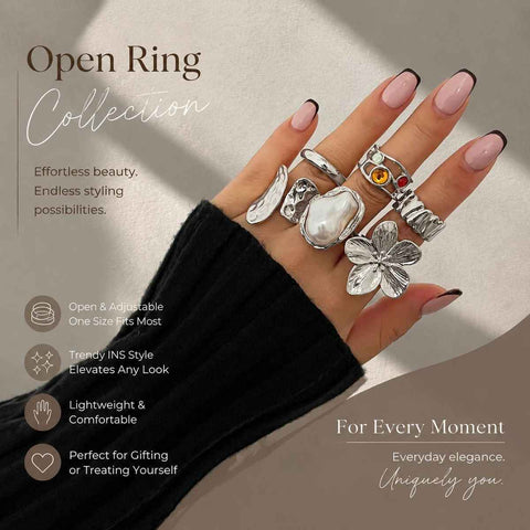 Sleek Mixed Metal Lava Flower Ring Set, Classic Baroque Faux Gem & Pearl Stackable Bands, Light Silver, 6 Pack