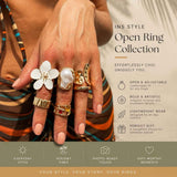 Exquisite White Textured Lava Flower Ring Set, Soft Baroque Pearl Inlaid Stackable Finger Bands, Light Gold & White Floral, 6 Pack