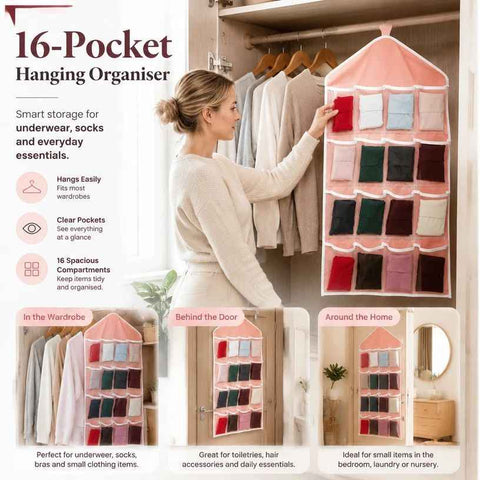 Transparent Hanging Wardrobe Organiser, Multi Slot 16 Grids Storage Bag For Lingerie Socks, Pink In Australia - Darrahopens