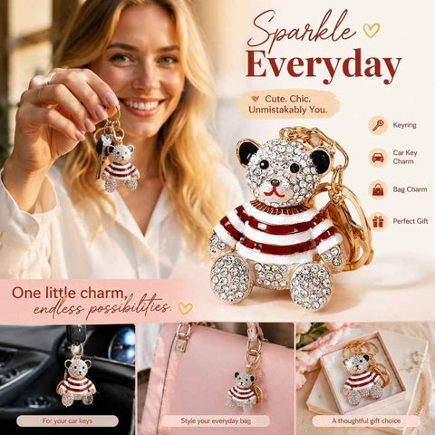 Sparkly Crystal Alloy Bear Keyring, Thoughtful Present For Daily Use, Silver Body Bear With Red Stripes In Australia - Darrahopens