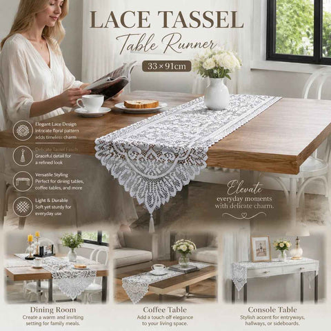 Knitted Lace Tassel Table Runner, Elegant Home Dining Table Decor, White, 33*91cm (13*36in) In Australia - Darrahopens