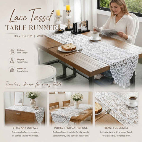 Soft Lace Fringe Table Runner, Classic Dining Room Decor Cloth, White, 33*137cm (13*54in) In Australia - Darrahopens
