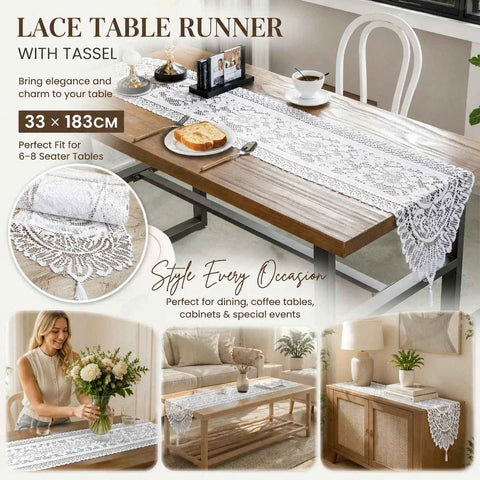 Premium Warp Knitted Lace Tassel Table Flag, Long Style Home Table Decoration, White, 33*183cm (13*72in) In Australia - Darrahopens