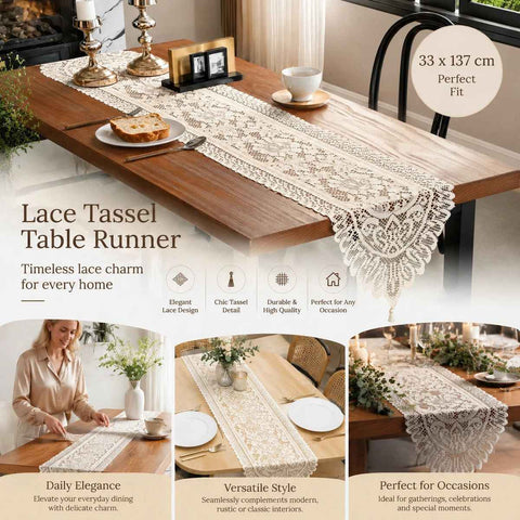 Exquisite Warp Knit Fringe Lace Table Runner, Soft Home Dining Ornament, Beige, 33*137cm (13*54in) In Australia - Darrahopens