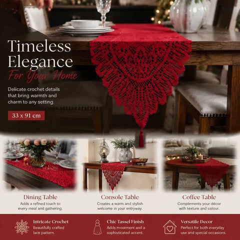 Romantic Fringed Warp Knit Lace Table Runner, Festive Dining Table Decor Cloth, Red, 33*91cm (13*36in) In Australia - Darrahopens