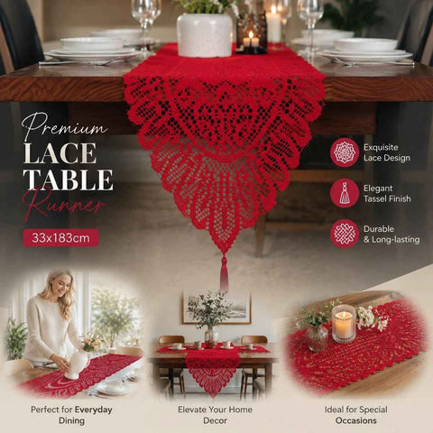 Eye-Catching Long Warp Knit Lace Table Flag With Tassels, Banquet Home Table Decoration, Red, 33*183cm (13*72in) In Australia - Darrahopens