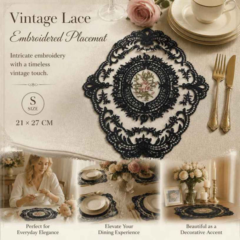 Minimal Retro Embroidered Lace Placemat, Black, Size S 21*27CM