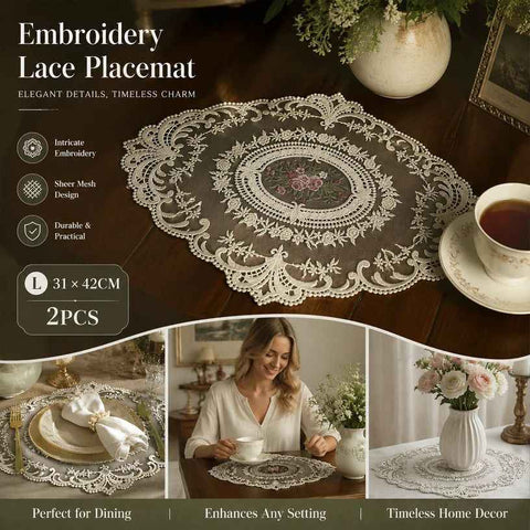 Delicate Ruffled Embroidery Table Mat Combo, Apricot Off White, Size L 31*42CM, 2 Pcs In Australia - Darrahopens