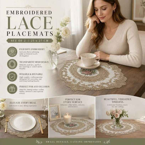 Antique Lace Trim Embroidered Placemat Set, Camel, Size S 21*27CM, 2 Pcs In Australia - Darrahopens