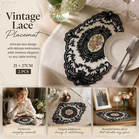 Minimal Retro Embroidered Lace Placemat Set, Black, Size S 21*27CM, 2 Pcs In Australia - Darrahopens
