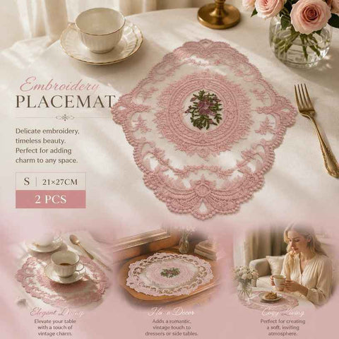 Romantic Floral Embroidery Placemat Set, Pink, Size S 21*27CM, 2 Pcs In Australia - Darrahopens