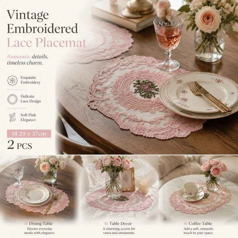 Sweet Vintage Fringe Stitched Dining Mat Pack, Pink, Size M 29*37CM, 2 Pcs In Australia - Darrahopens
