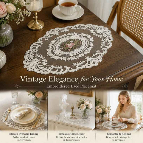 Elegant Antique Stitched Border Table Mat Combo, White, Size L 31*42CM, 2 Pcs In Australia - Darrahopens
