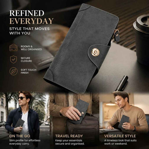 Monochrome Integrated Long Men Billfold, Magnetic Closure Multi-Compartment Hand Clutch, Stylish Casual Present, Grey In Australia - Darrahopens